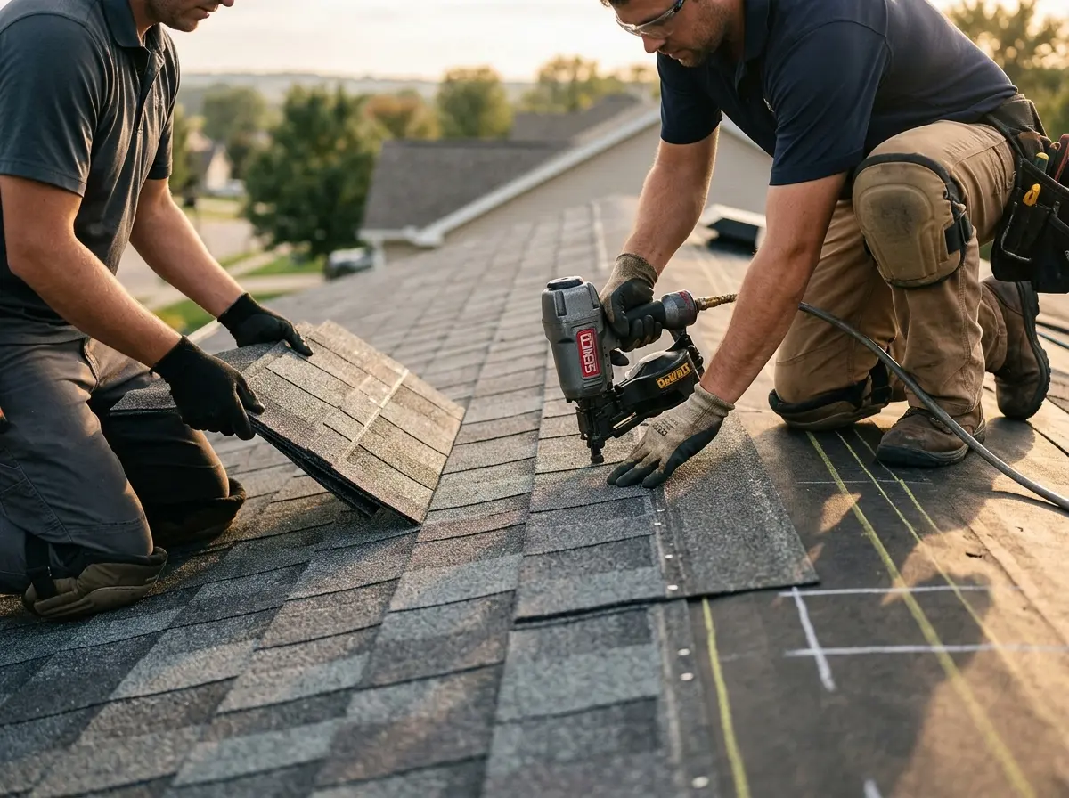 Professional roofer working on a residential roof in Oakbrook